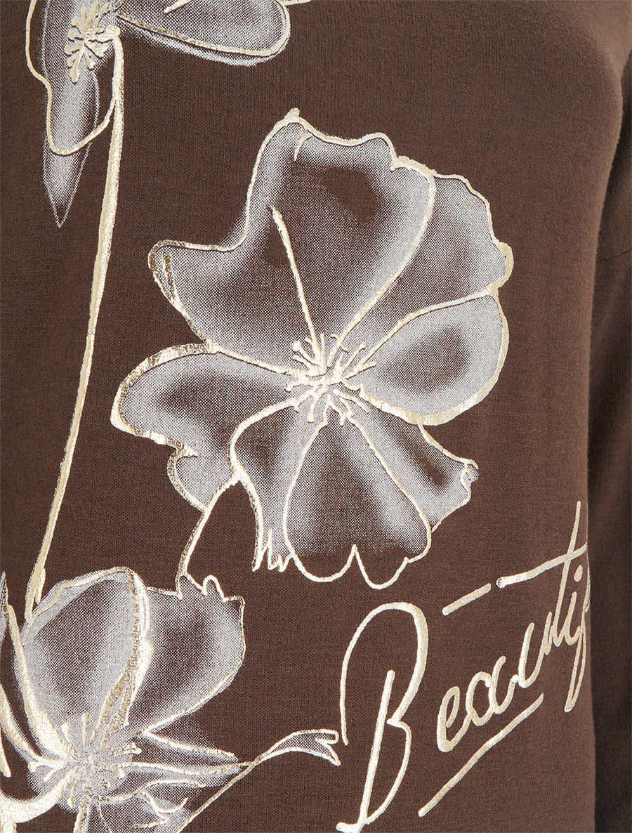 Pull fin à motif fleurs et message - Marron - 3