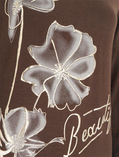 Pull fin à motif fleurs et message - Marron - 3