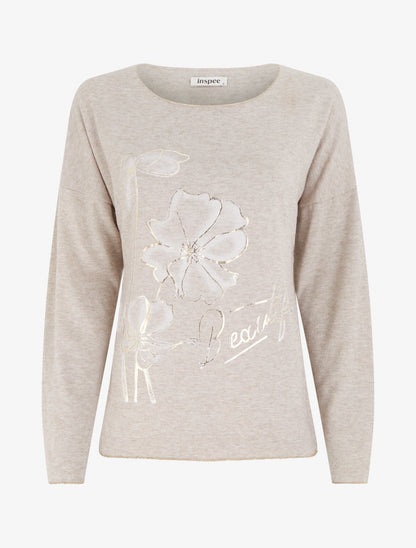 Pull fin à motif fleurs et message - Beige - 1