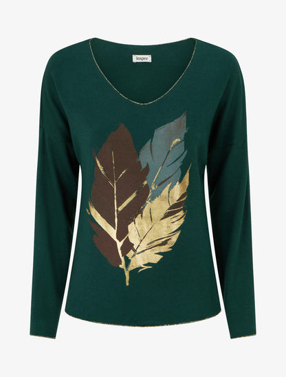 Pull fin à motif plumes irisées - Vert foncé - 1