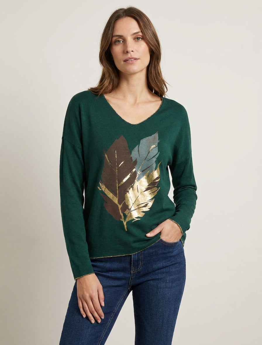 Pull fin à motif plumes irisées - Vert foncé