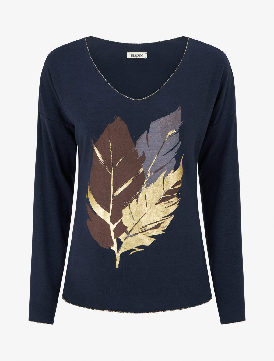 Pull fin à motif plumes irisées - Marine - 1