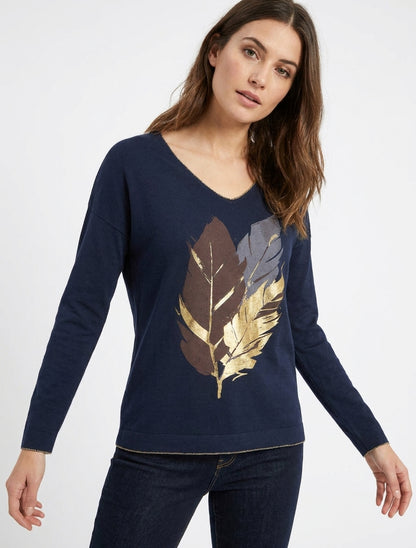 Pull fin à motif plumes irisées - Marine