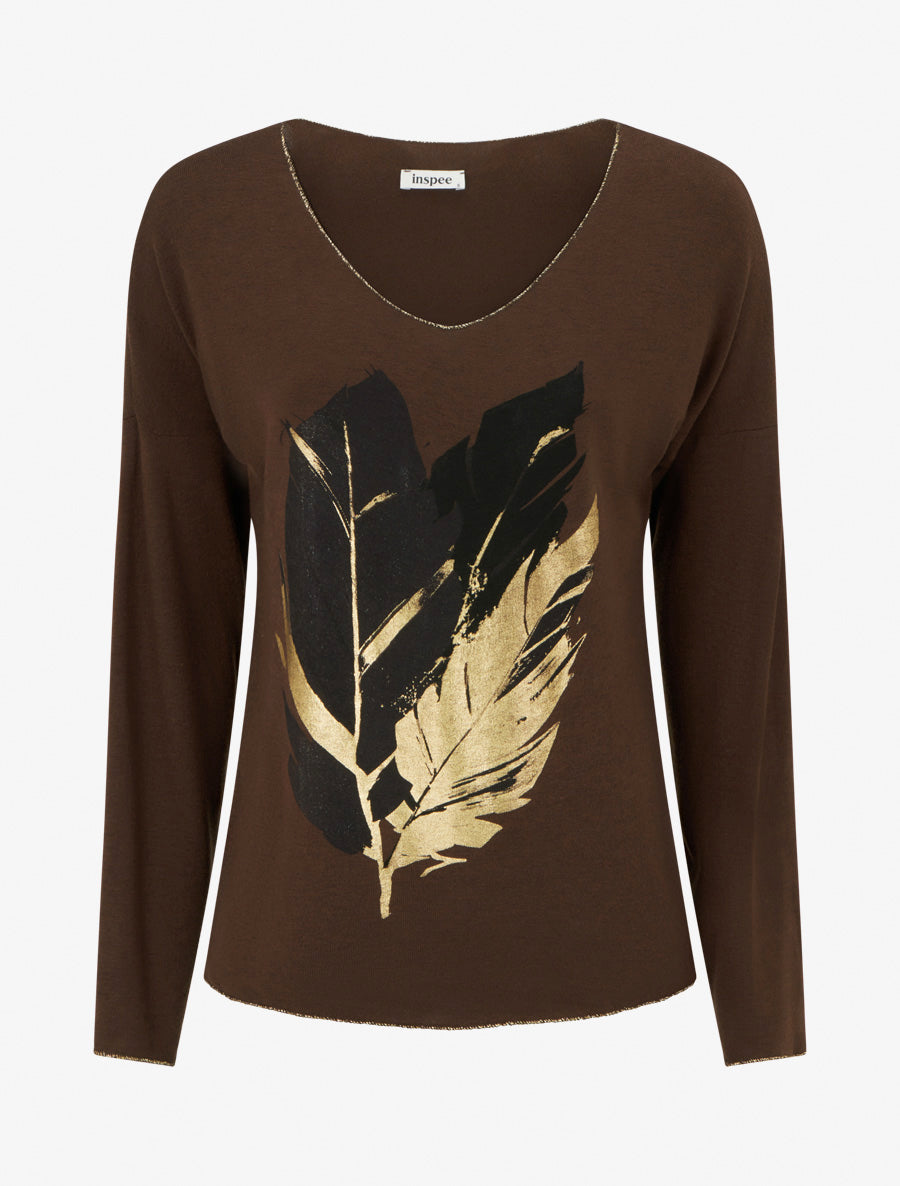 Pull fin à motif plumes irisées - Marron - 1