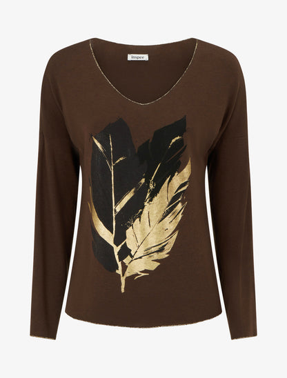 Pull fin à motif plumes irisées - Marron - 1