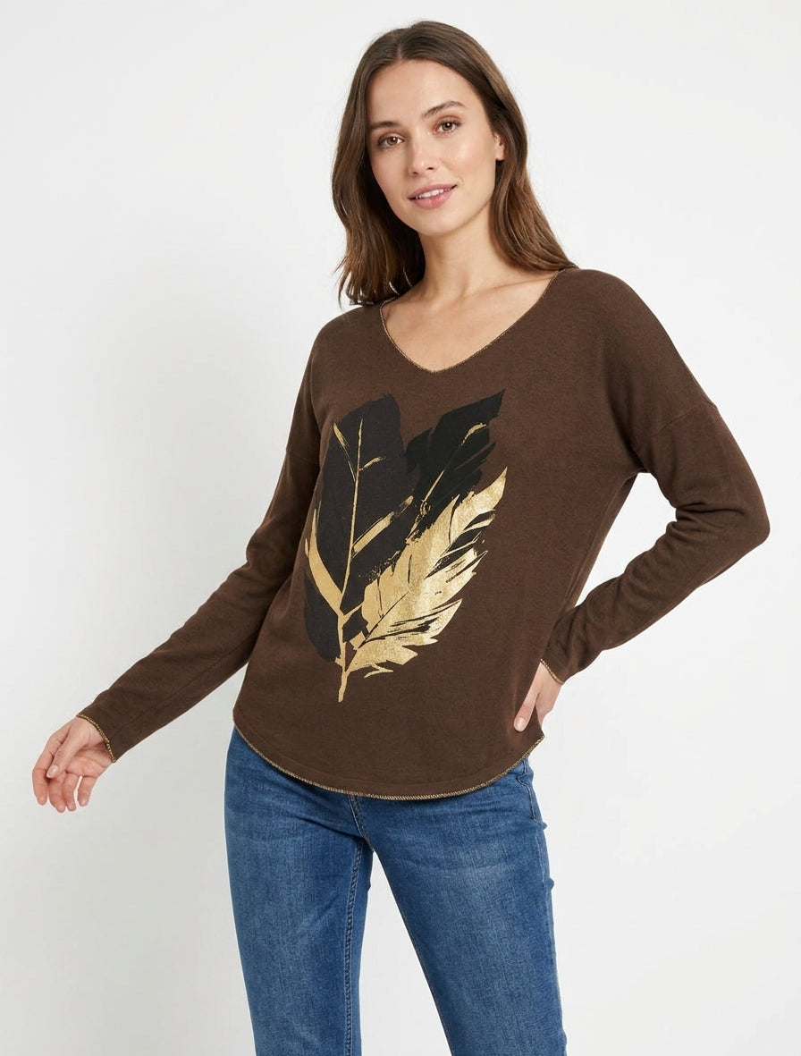 Pull fin à motif plumes irisées - Marron