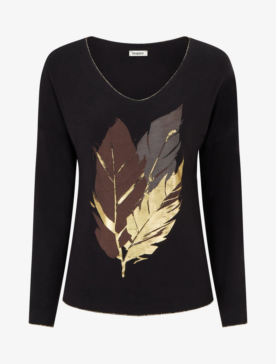 Pull fin à motif plumes irisées - Noir - 1