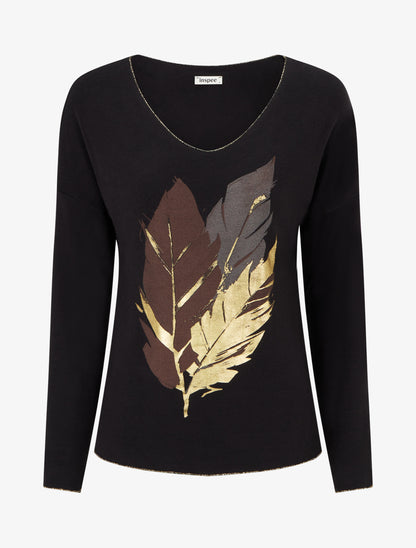Pull fin à motif plumes irisées - Noir - 1