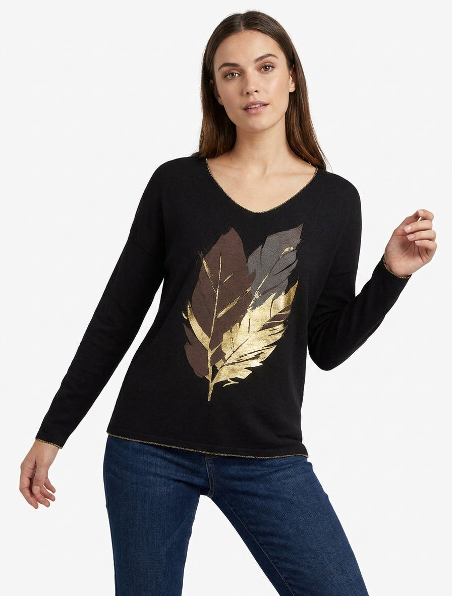 Pull fin à motif plumes irisées - Noir