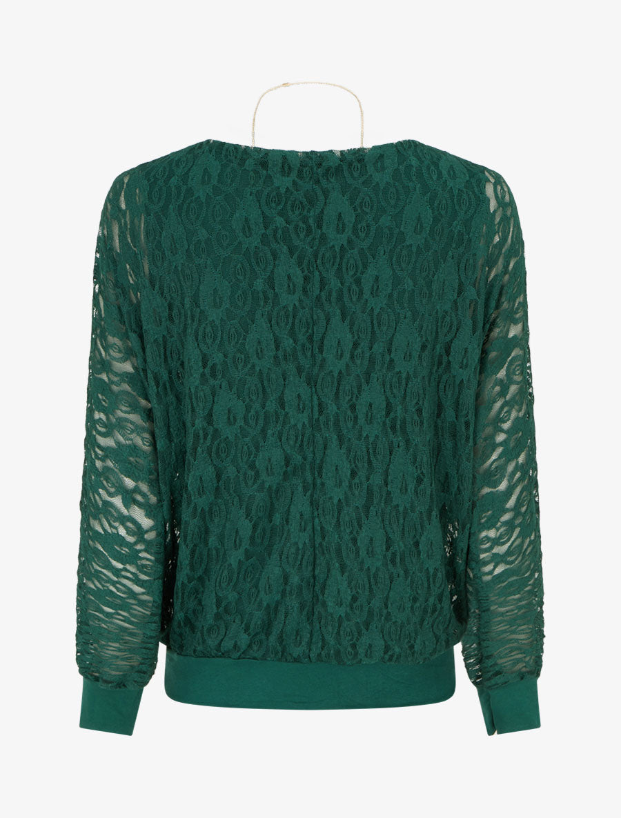 Top boule en dentelle à manches longues chauve-souris - Vert foncé - 2