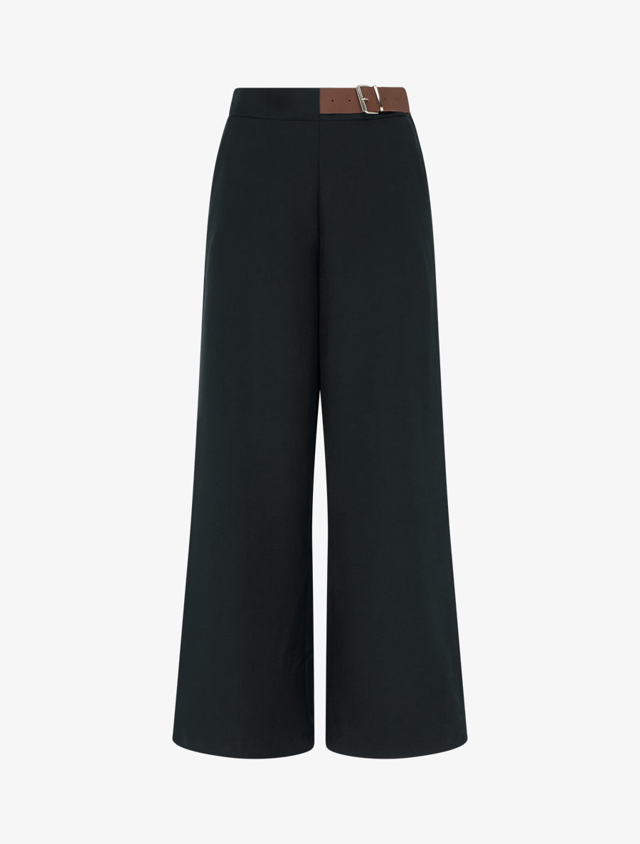 Pantalon ample taille haute à ceinture décorative - Noir - 1