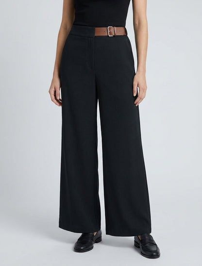 Pantalon ample taille haute à ceinture décorative - Noir