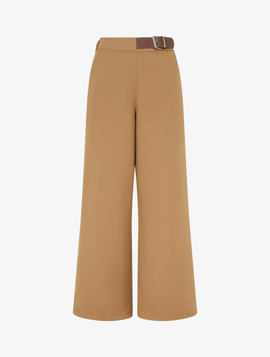 Pantalon ample taille haute à ceinture décorative - Camel - 1