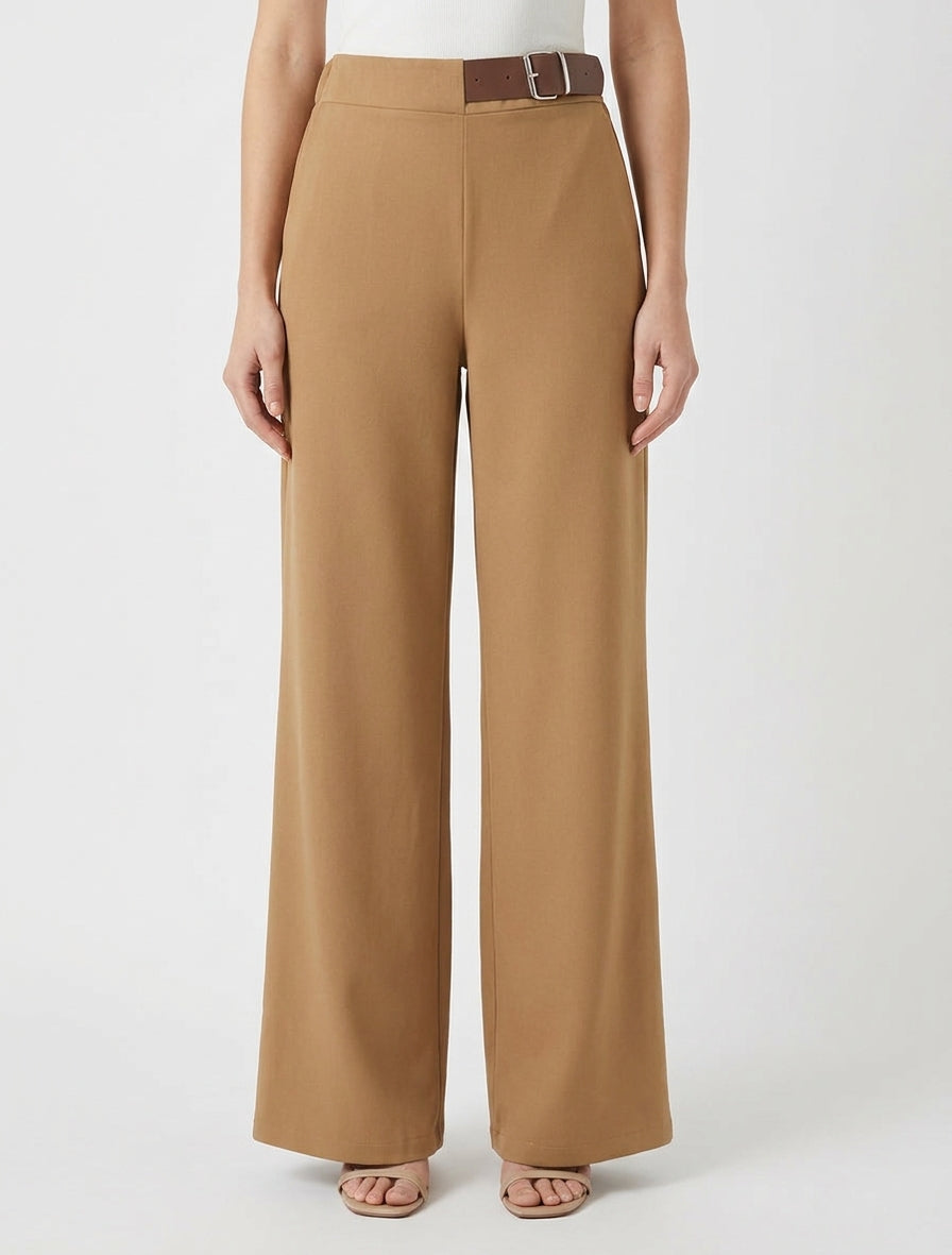 Pantalon ample taille haute à ceinture décorative - Camel