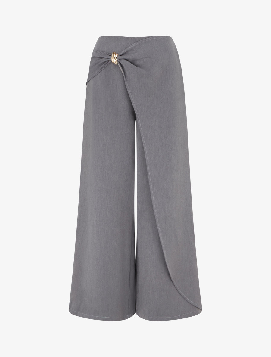 Pantalon ample à pan et bijou métallique - Gris - 1