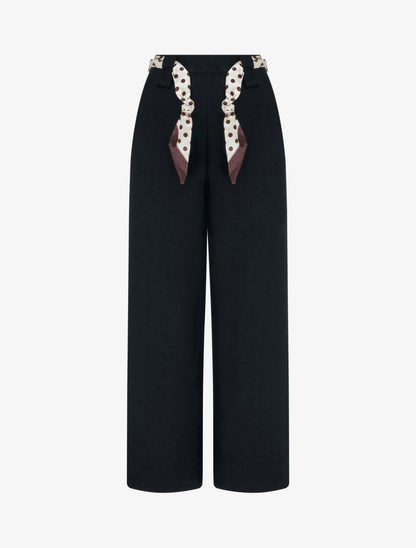 Pantalon uni ceinture satinée imprimée - Noir - 1