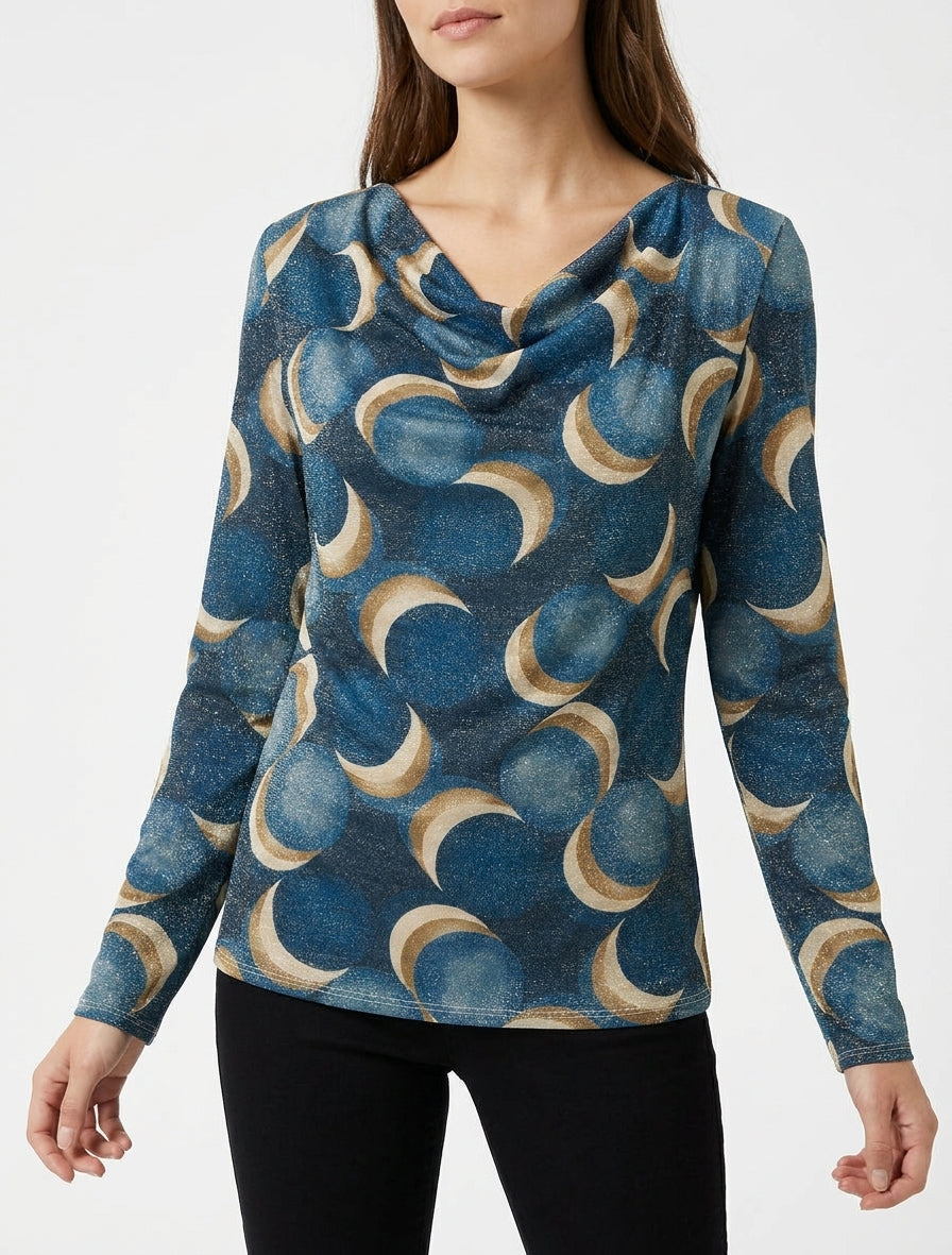 Top droit irisé imprimé ronds fantaisies - Bleu canard