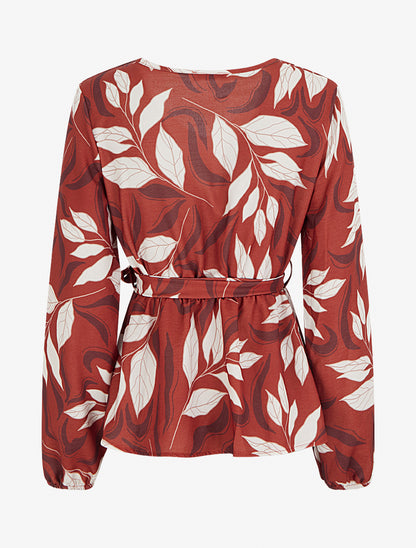 Blouse élastiquée à imprimé feuillage - Rouge - 2
