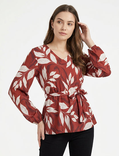 Blouse élastiquée à imprimé feuillage - Rouge
