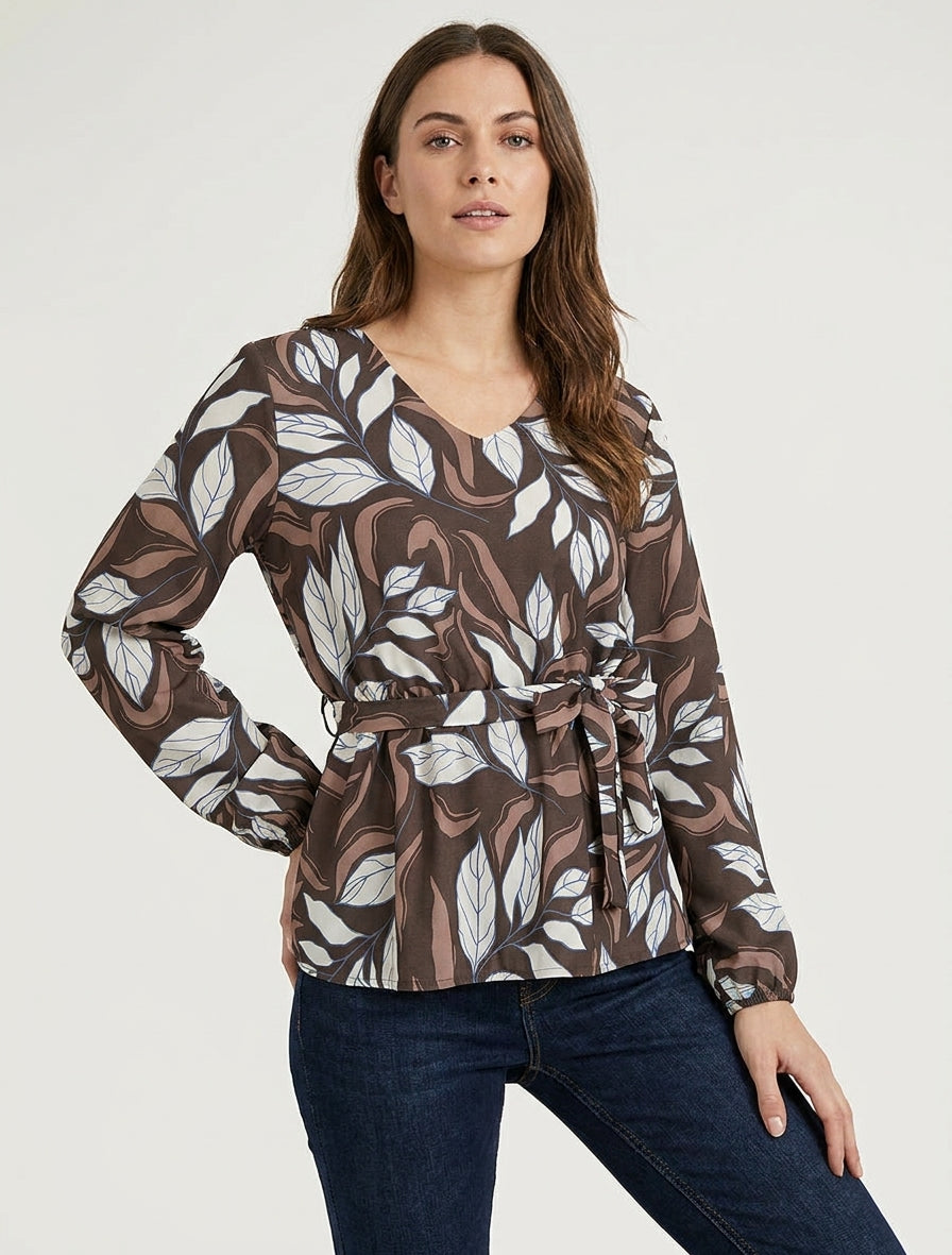 Elastische blouse met bladdessin - Bruin