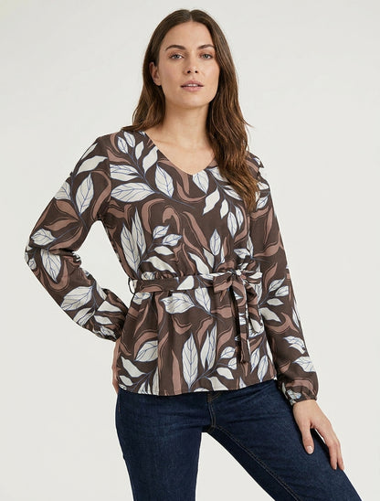 Elastische blouse met bladdessin - Bruin