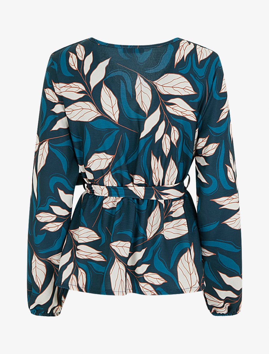 Blouse élastiquée à imprimé feuillage - Bleu canard - 2