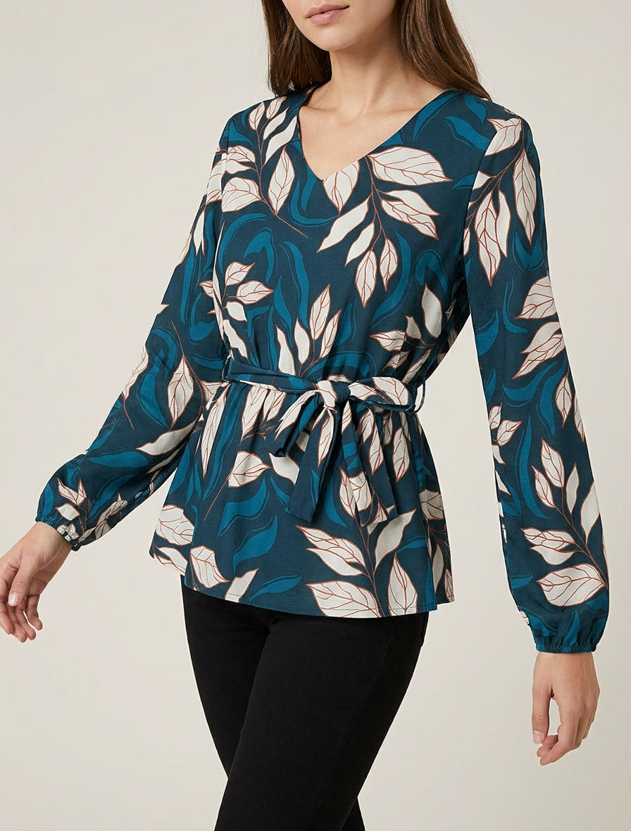 Blouse élastiquée à imprimé feuillage - Bleu canard