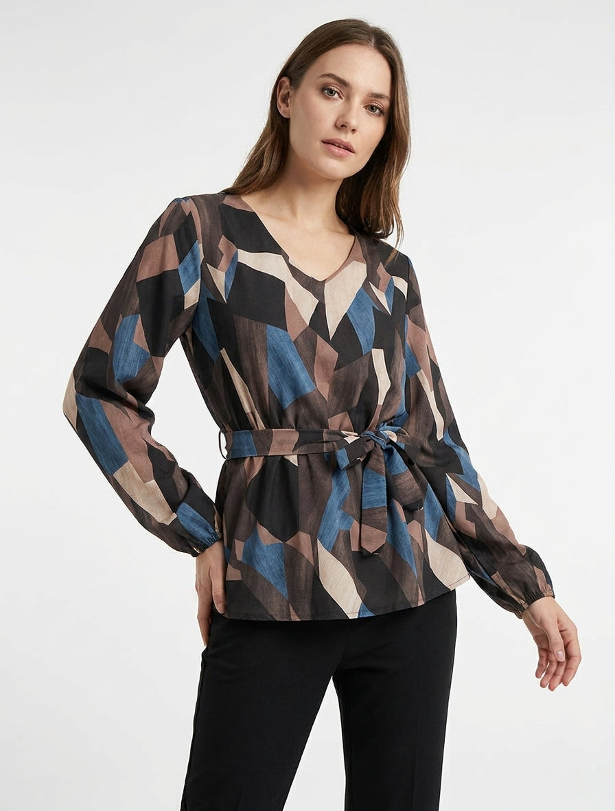 Blouse péplum à imprimé abstrait - Marron