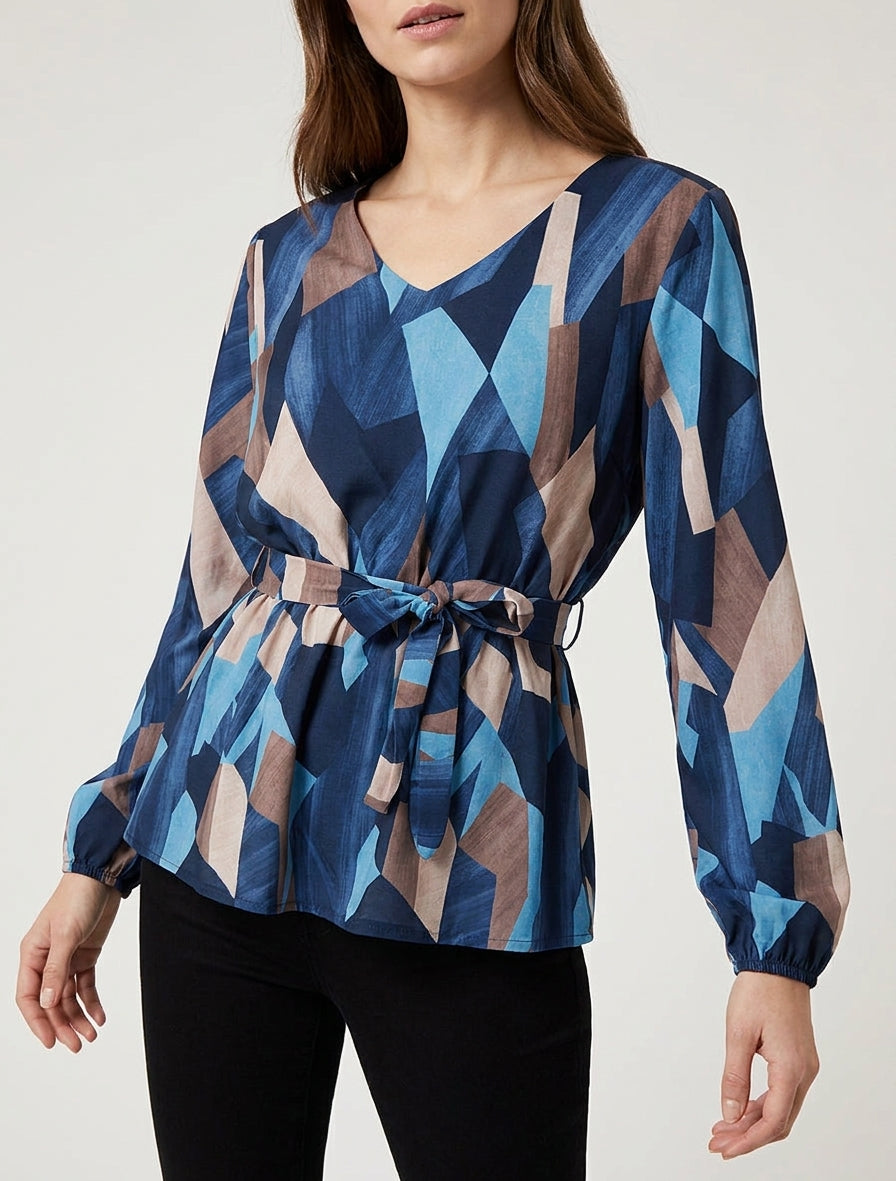 Blouse péplum à imprimé abstrait - Marine