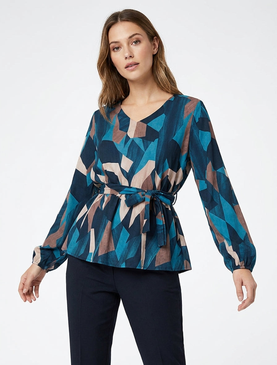 Peplumblouse met abstracte print - Eendenblauw