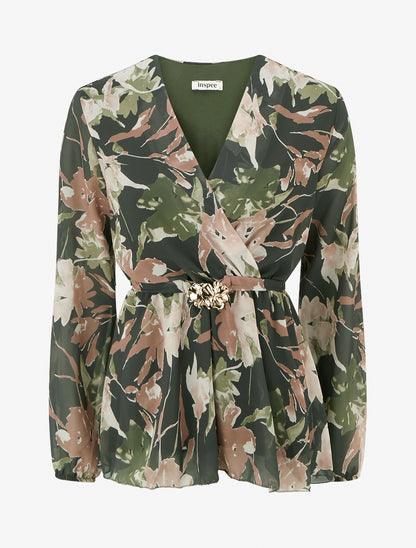 Top cache-coeur imprimé fleurs abstraites à bijou floral - Kaki - 1