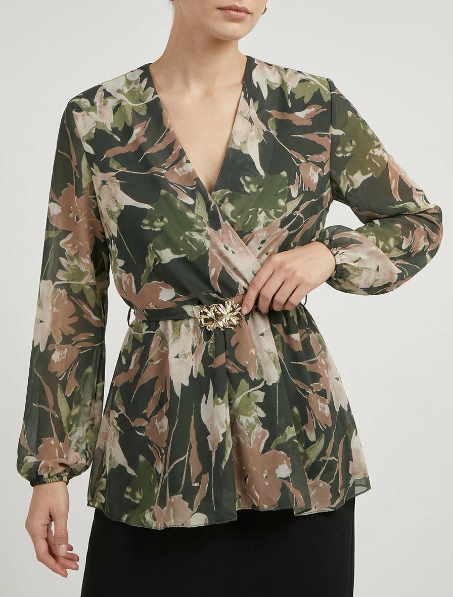 Top overslag met abstracte bloemenprint en bloemjuweel - Kaki