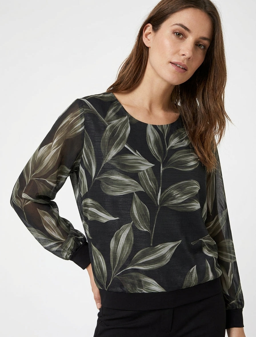 Blouse imprimé feuillage à détail irisé - Noir