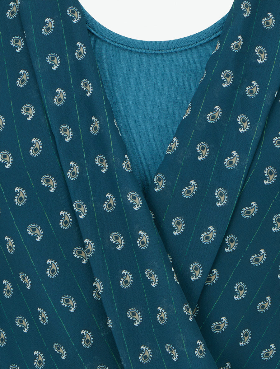 Top droit imprimé cachemire à col cache-coeur - Bleu canard - 3