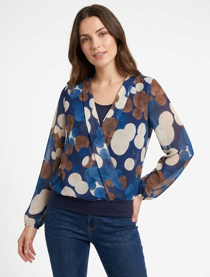 Grafische cirkels print top met overslagkraag - Marine