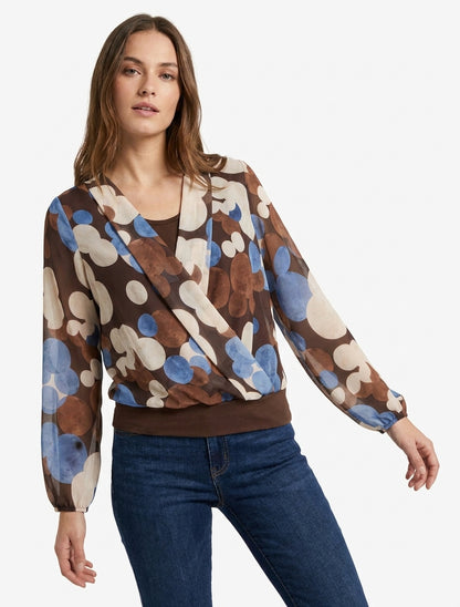 Grafische cirkels print top met overslagkraag - Bruin