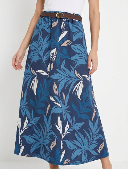 Rok met bladprint en elastische tailleband - Marine
