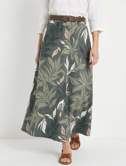Rok met bladprint en elastische tailleband - Kaki