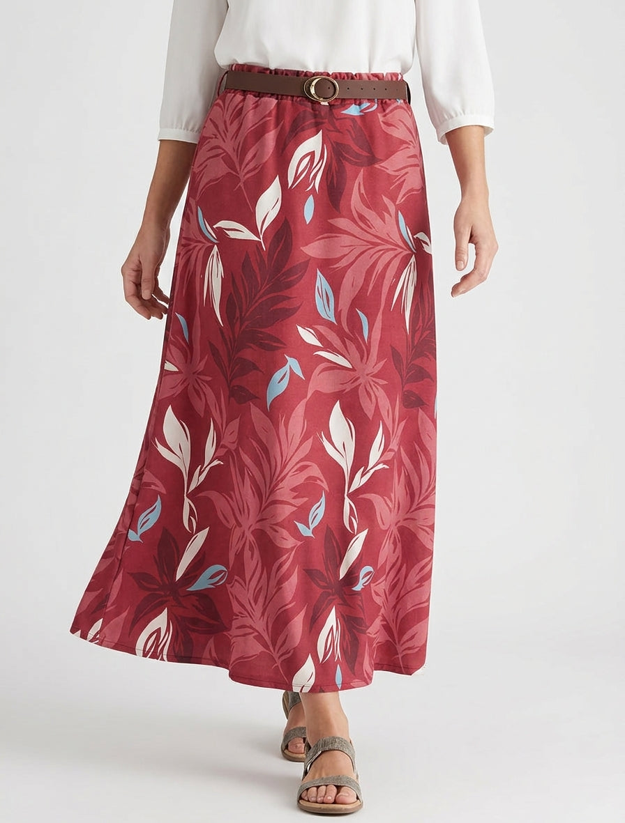 Rok met bladprint en elastische tailleband - Bordeaux