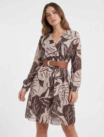 Robe irisée à imprimé grandes feuilles - Marron