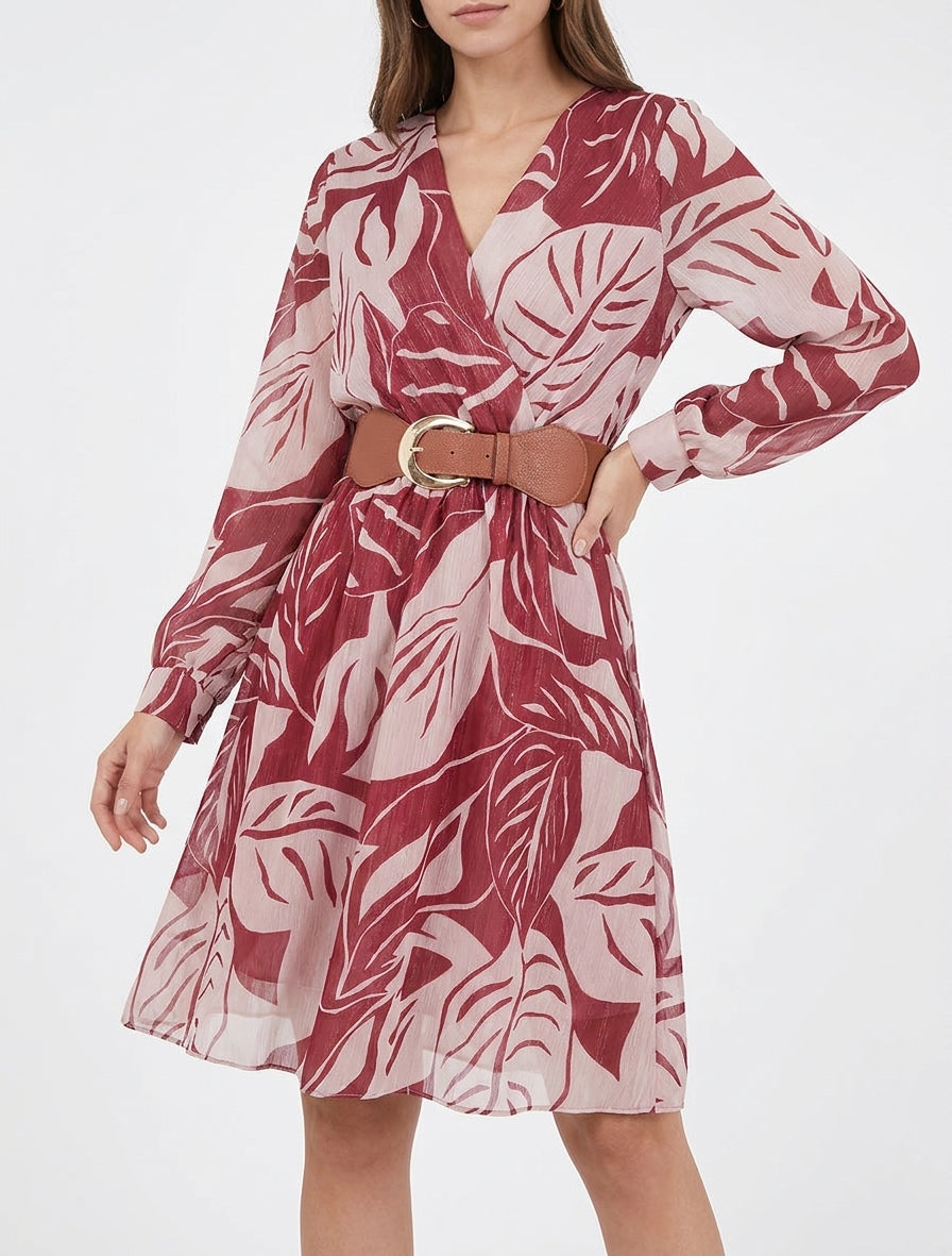 Robe irisée à imprimé grandes feuilles - Bordeaux