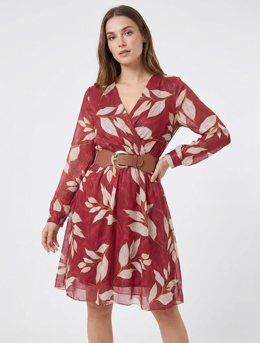 Robe irisée à imprimé feuillage - Bordeaux