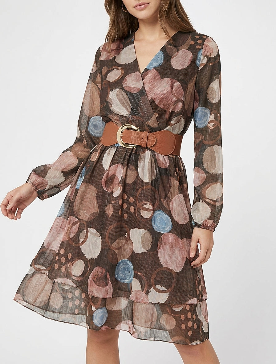 Jurk met abstracte print en overslagkraag - Bruin