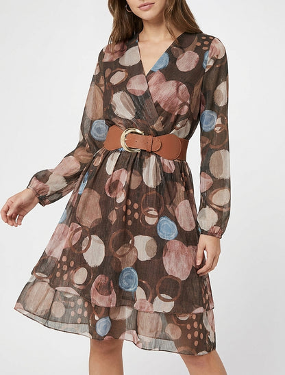 Jurk met abstracte print en overslagkraag - Bruin