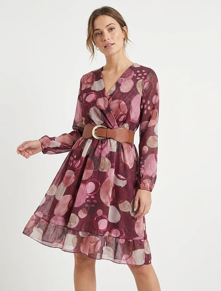 Jurk met abstracte print en overslagkraag - Wijnrood