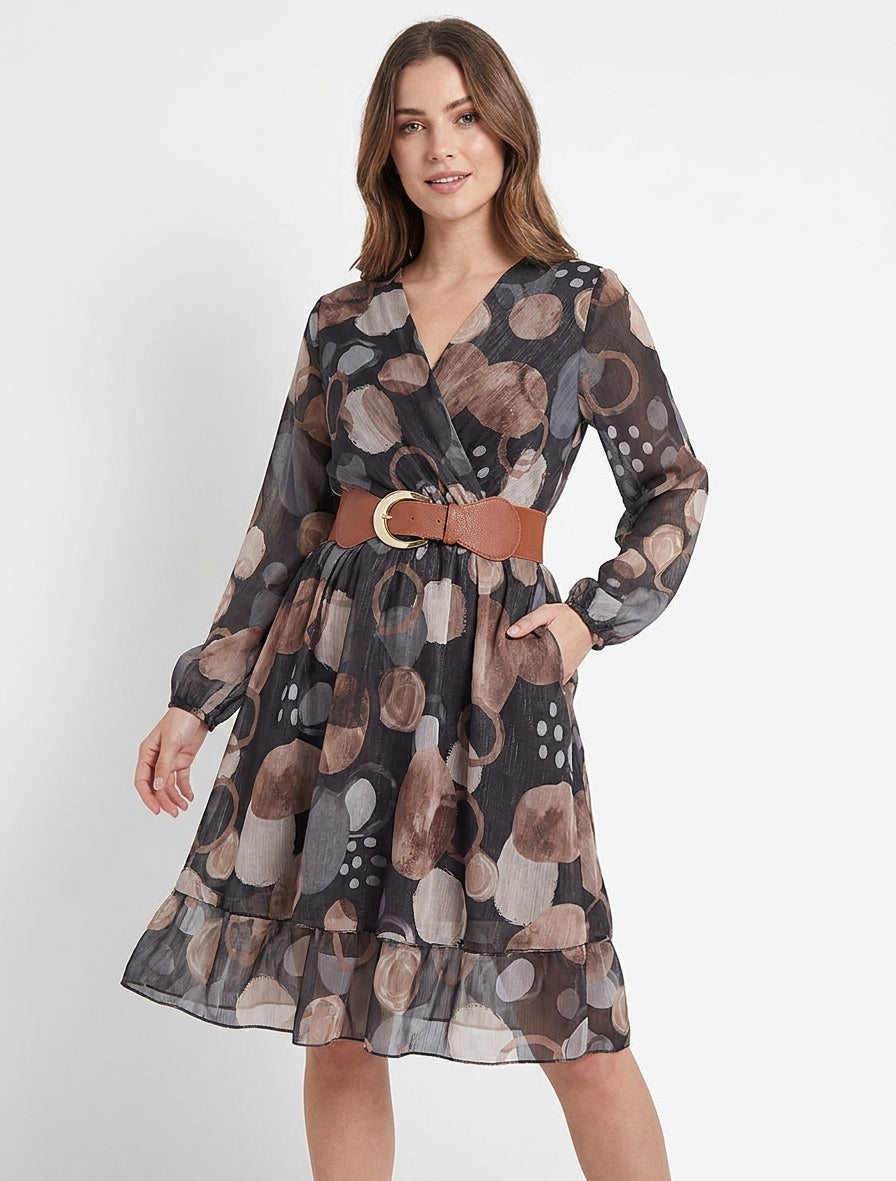 Jurk met abstracte print en overslagkraag - Zwart