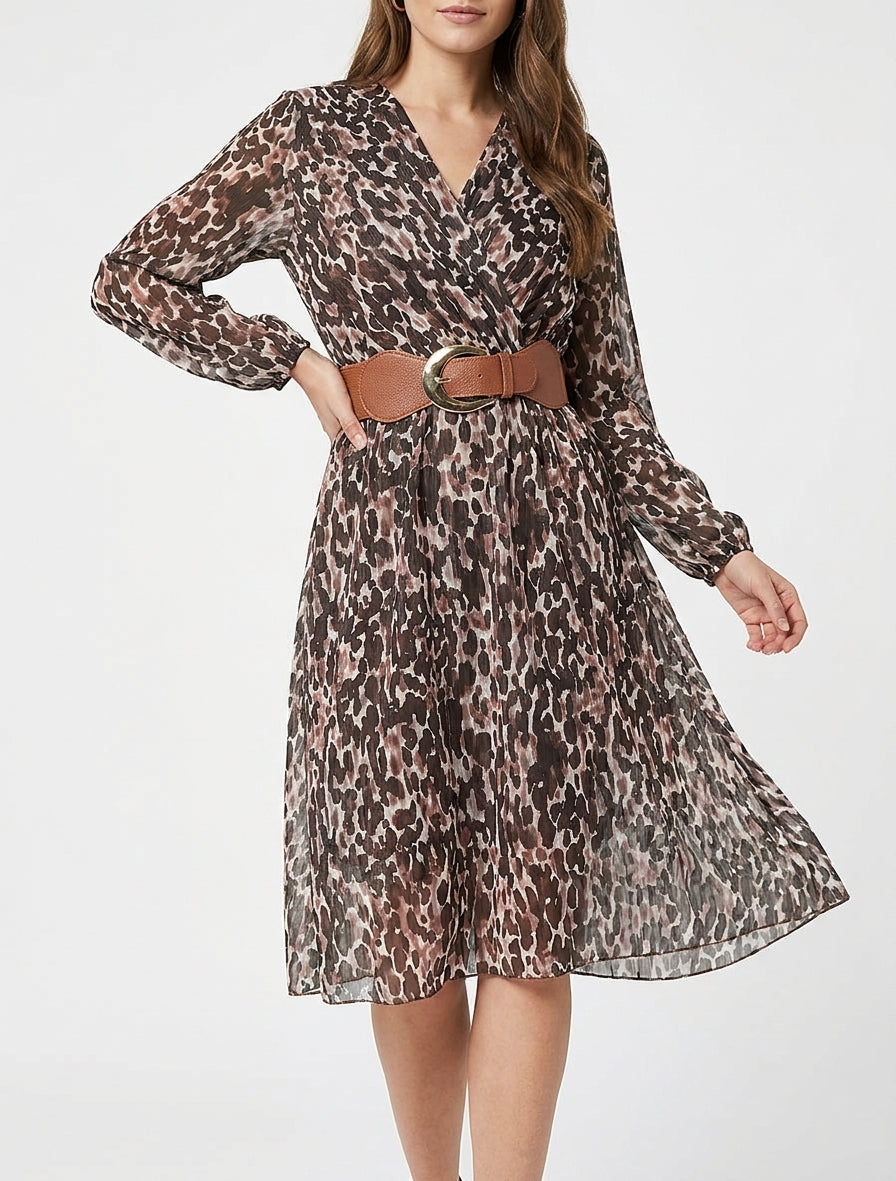 Robe imprimé fantaisie à col cache coeur - Marron