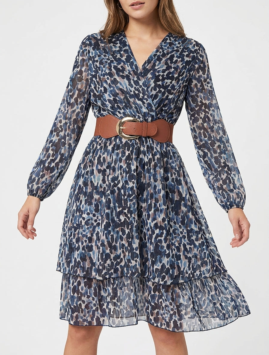 Robe imprimé fantaisie à col cache coeur - Marine