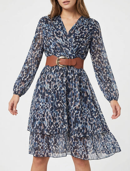 Robe imprimé fantaisie à col cache coeur - Marine