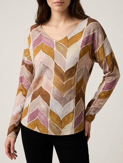 Pull fin imprimé chevron fantaisie - Moutarde